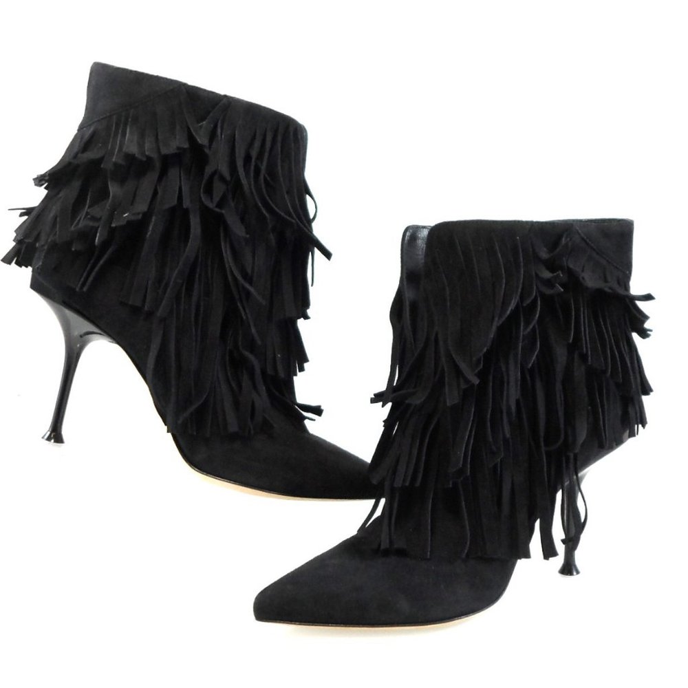 NIB$1265 SERGIO ROSSI Fringed Ankle Suede Booties Pointed Toe Stiletto Heels 37 - Picture 15 of 16